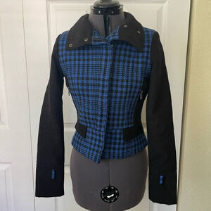 Material Girl Blue and Black Houndstooth Wool Blend Moto Jacket, Size XS 🔴